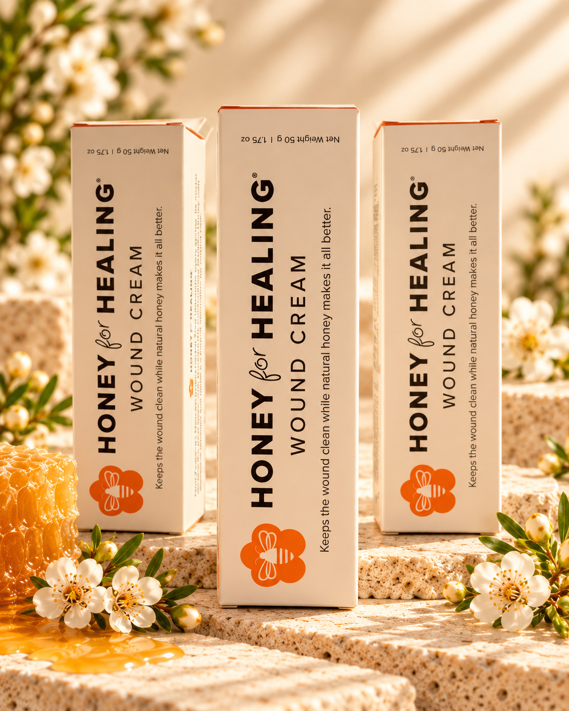 Honey for Healing Manuka Honey Wound Cream 3-Pack on a warm stone background