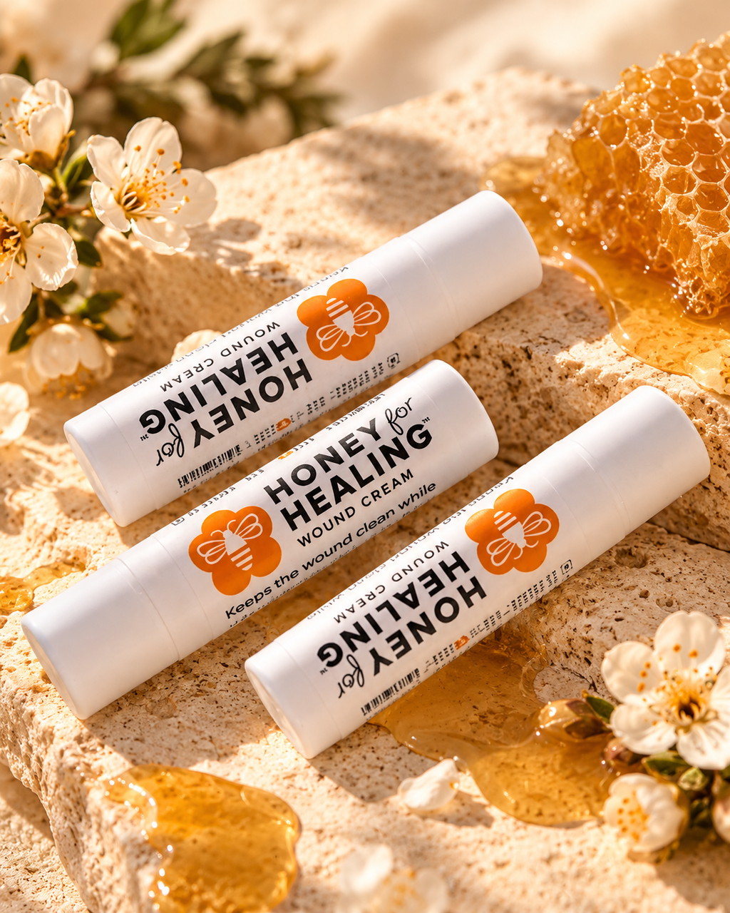 Three Honey for Healing Manuka Honey Wound Cream tubes shown together