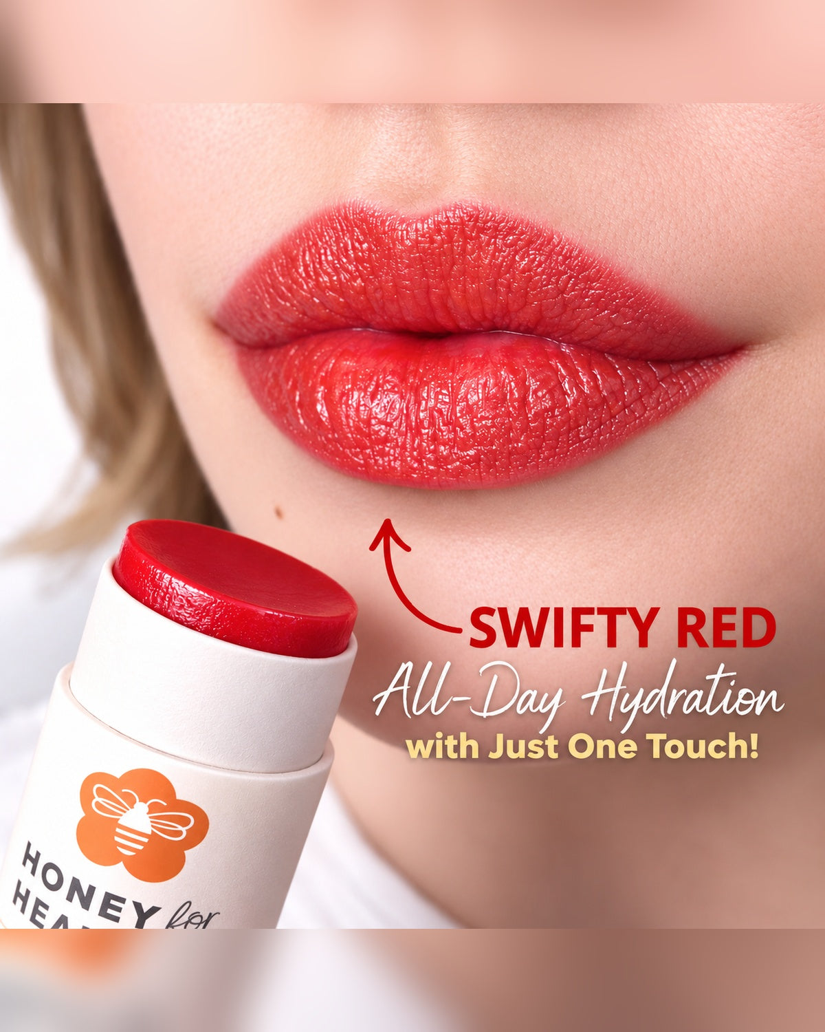 Honey for Healing Lip Balm shade Swifty Red on lips