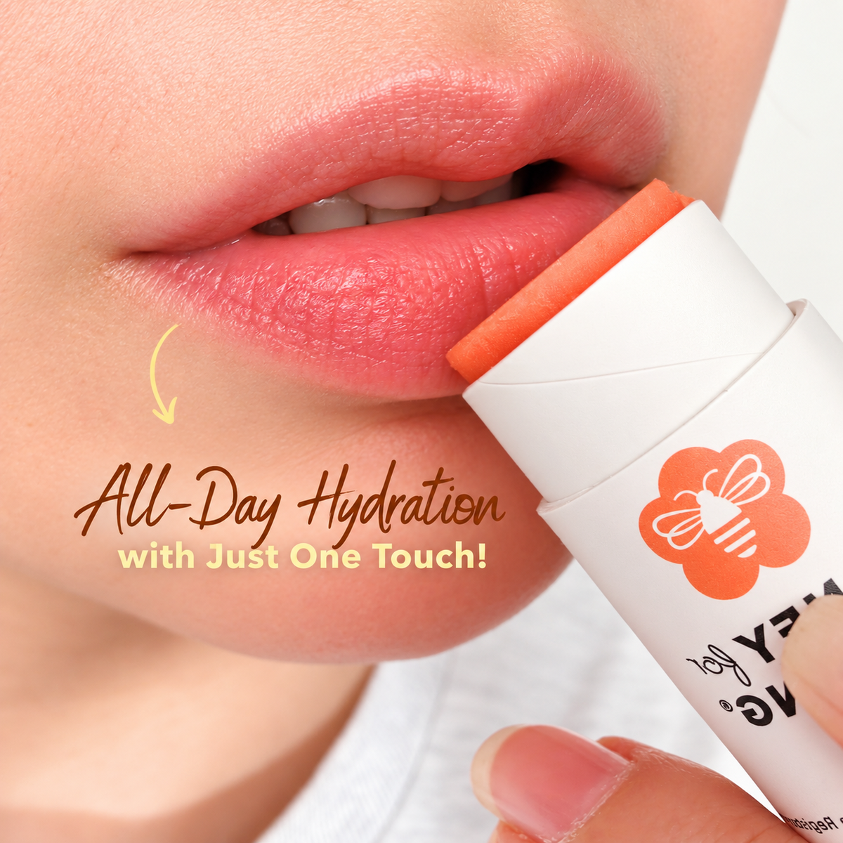 Honey for Healing Soft Peach Manuka Honey Lip Balm on lips