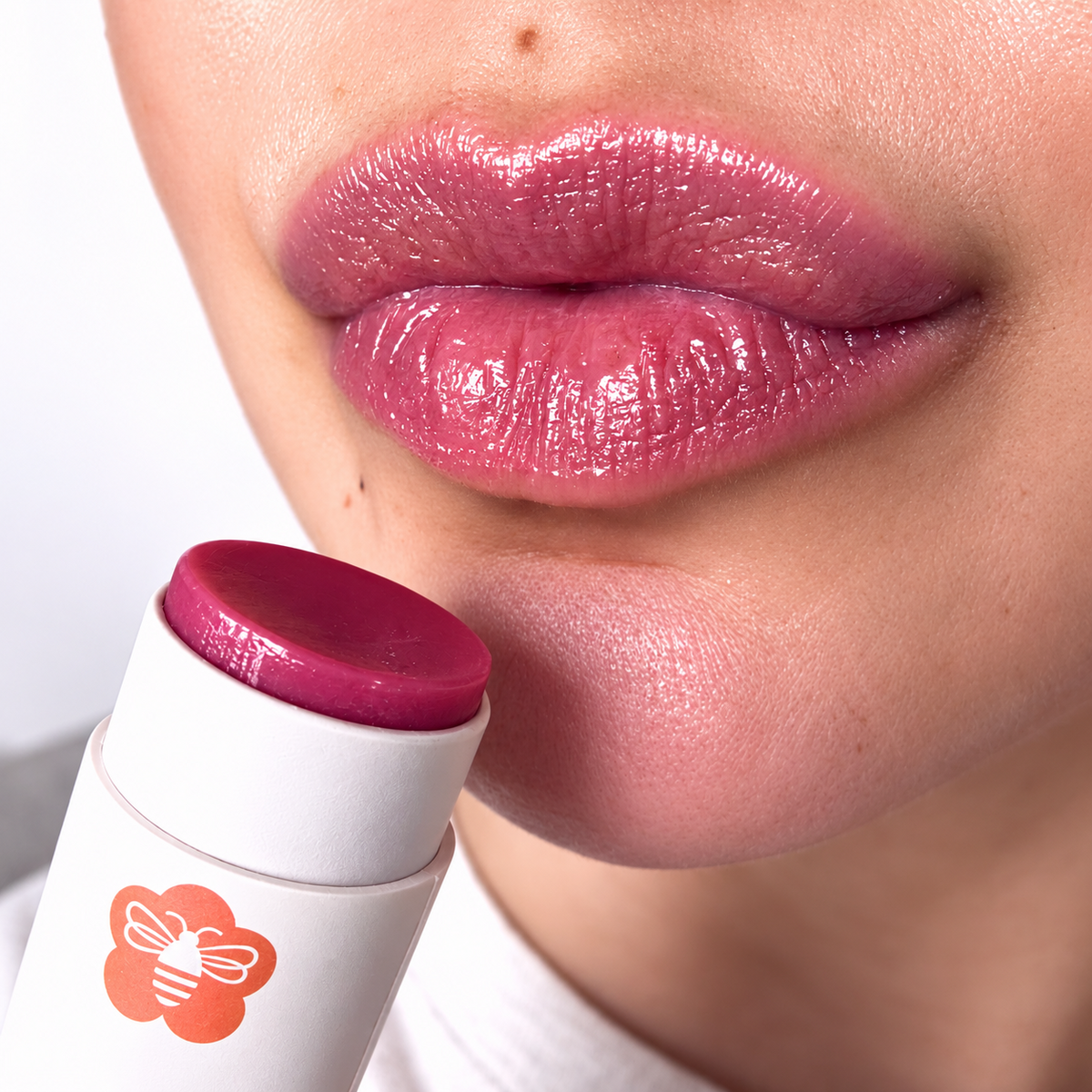 Honey for Healing Soft Plum Manuka Honey Lip Balm on lips