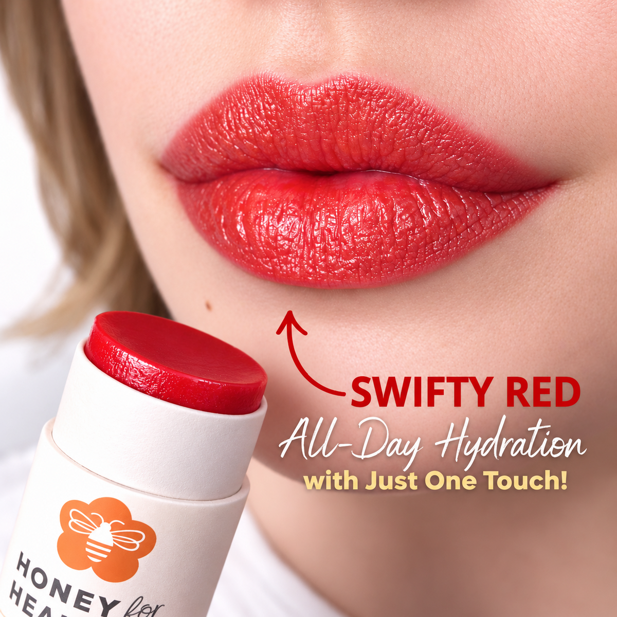 Honey for Healing Swifty Red Manuka Honey Lip Balm on lips
